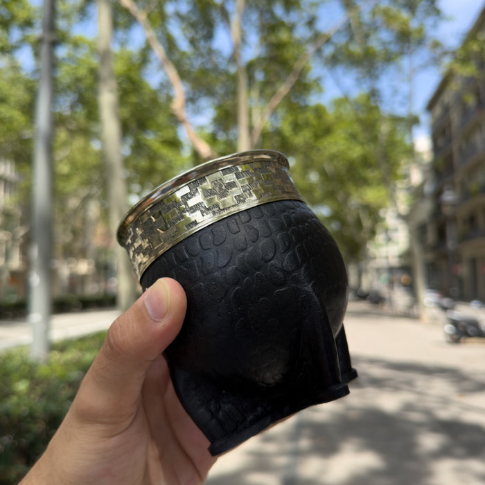 Mate Imperial Croco De Calabaza Con Cuero Labrado y Virola De Alpaca