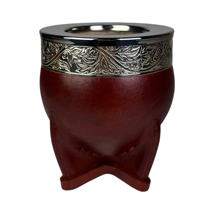 Mate Imperial De Calabaza Con Cuero Borravino y Virola De Alpaca Con Bombilla