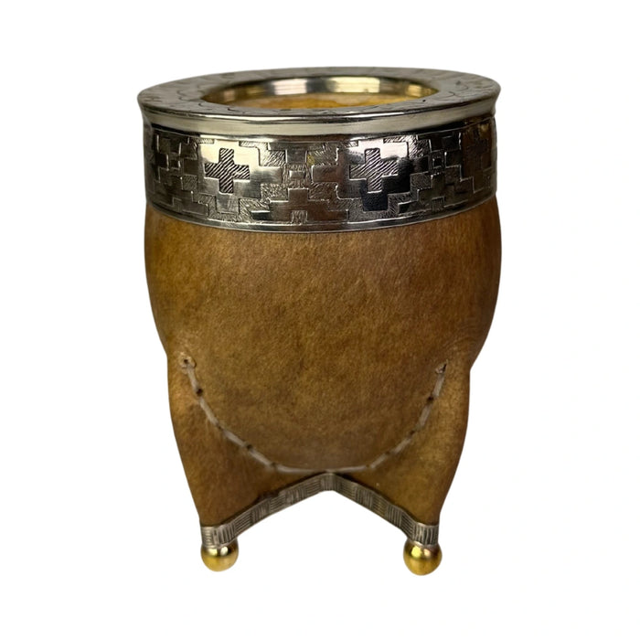 Mate Imperial De Cuero Crudo Con Virola De Alpaca Cincelada