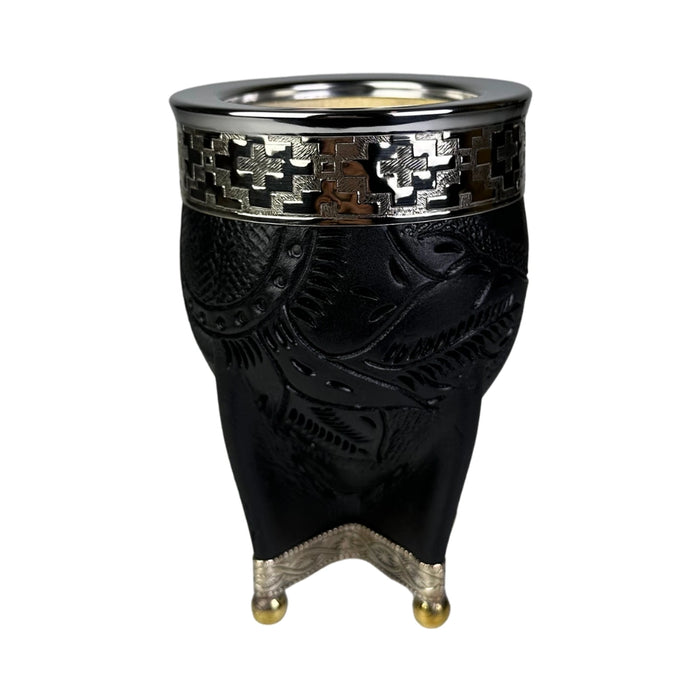 Mate Imperial Negro de Calabaza Cuero Labrado con Alpaca Con Bombilla