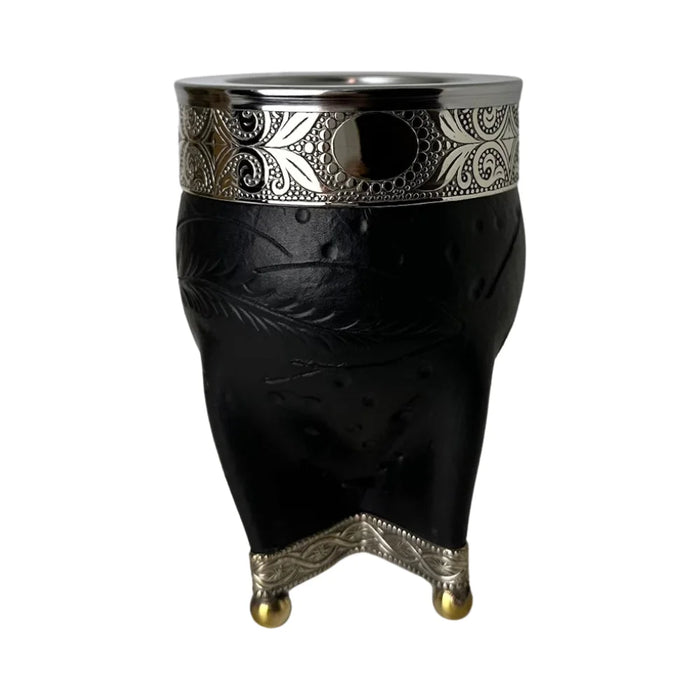 Mate Imperial Negro de Calabaza Cuero Labrado con Alpaca Con Bombilla