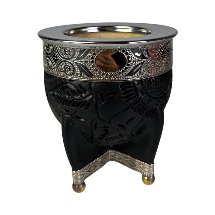 Mate Imperial Negro de Calabaza Cuero Labrado con Alpaca Con Bombilla