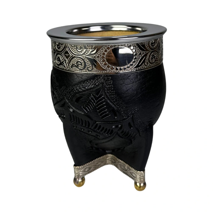 Mate Imperial Negro de Calabaza Cuero Labrado con Alpaca Con Bombilla