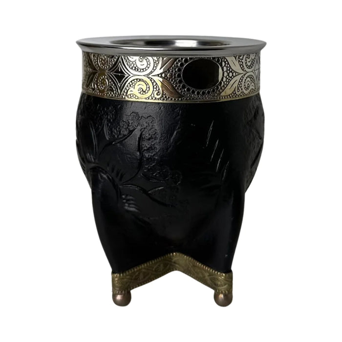 Mate Imperial Negro de Calabaza Cuero Labrado con Alpaca Con Bombilla