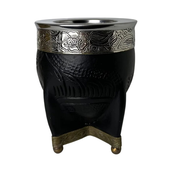 Mate Imperial Negro de Calabaza Cuero Labrado con Alpaca Con Bombilla