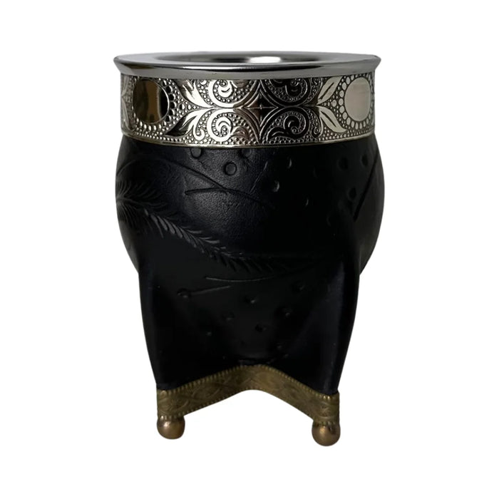 Mate Imperial Negro de Calabaza Cuero Labrado con Alpaca Con Bombilla