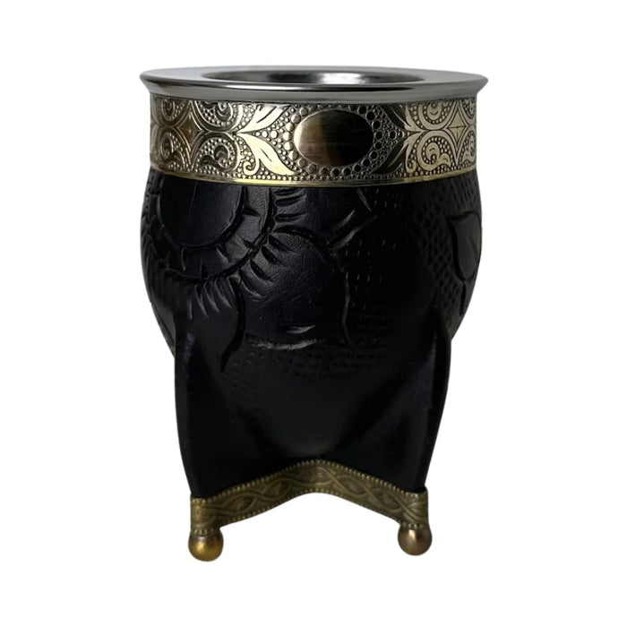 Mate Imperial Negro de Calabaza Cuero Labrado con Alpaca Con Bombilla