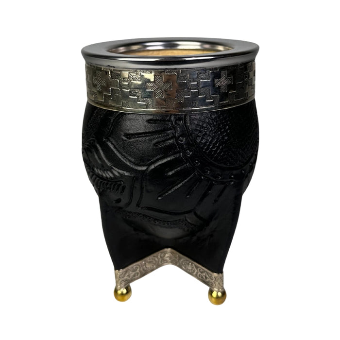 Mate Imperial Negro de Calabaza Cuero Labrado con Alpaca Con Bombilla