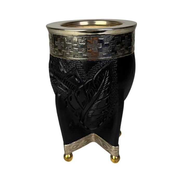 Mate Imperial Negro de Calabaza Cuero Labrado con Alpaca Con Bombilla