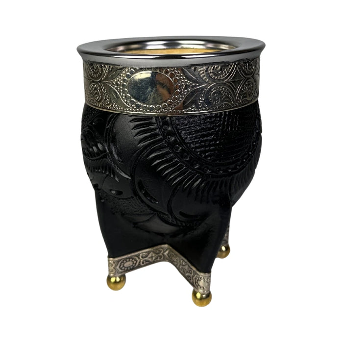 Mate Imperial Negro de Calabaza Cuero Labrado con Alpaca Con Bombilla