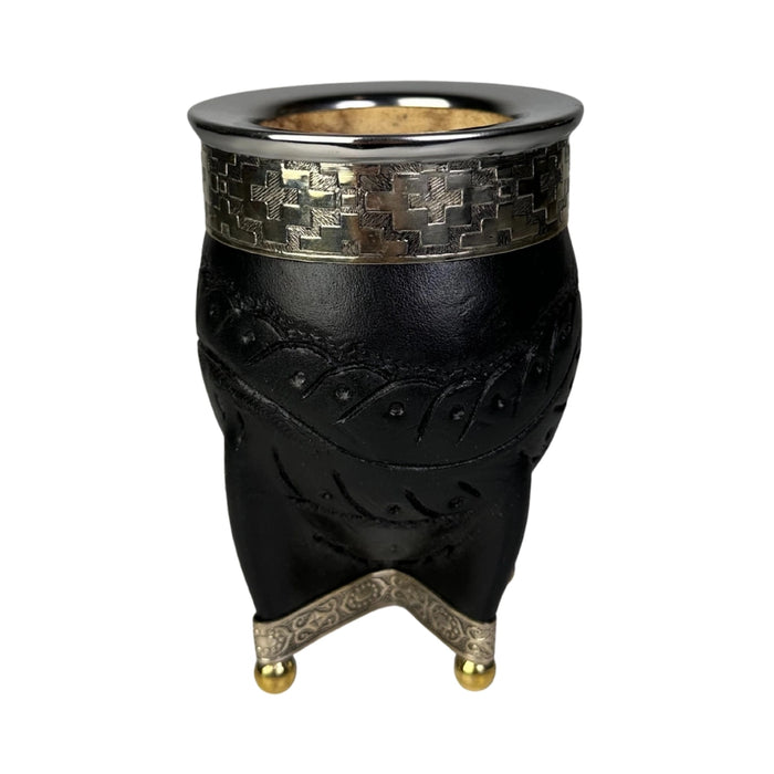 Mate Imperial Negro de Calabaza Cuero Labrado con Alpaca Con Bombilla