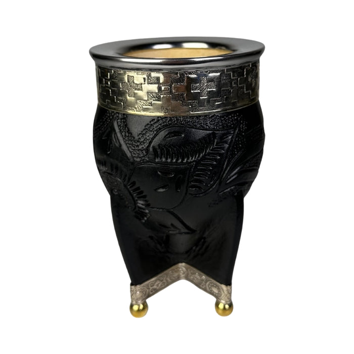 Mate Imperial Negro de Calabaza Cuero Labrado con Alpaca Con Bombilla