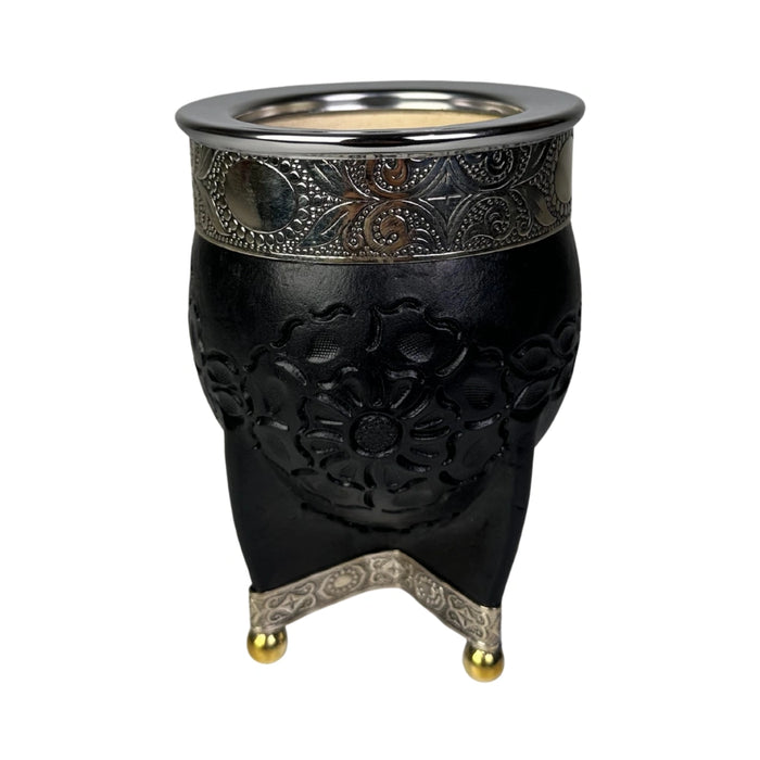 Mate Imperial Negro de Calabaza Cuero Labrado con Alpaca Con Bombilla