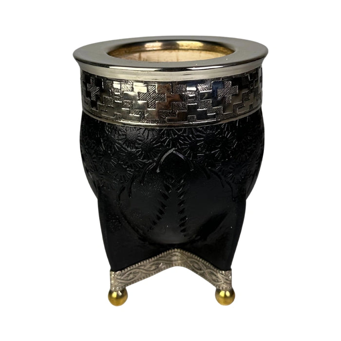 Mate Imperial Negro de Calabaza Cuero Labrado con Alpaca Con Bombilla