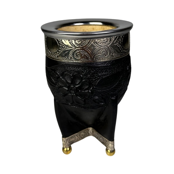 Mate Imperial Negro de Calabaza Cuero Labrado con Alpaca Con Bombilla