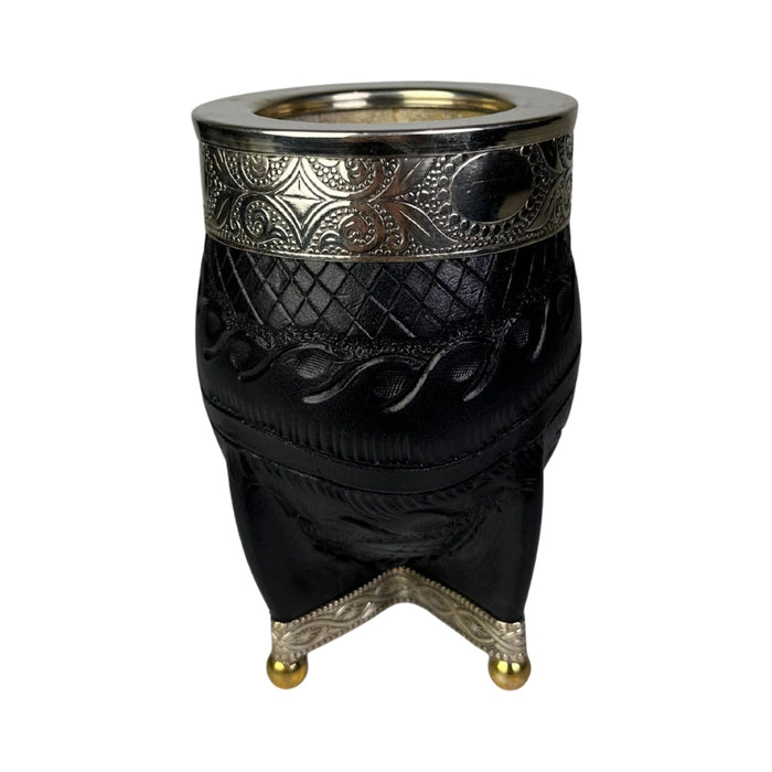 Mate Imperial Negro de Calabaza Cuero Labrado con Alpaca Con Bombilla