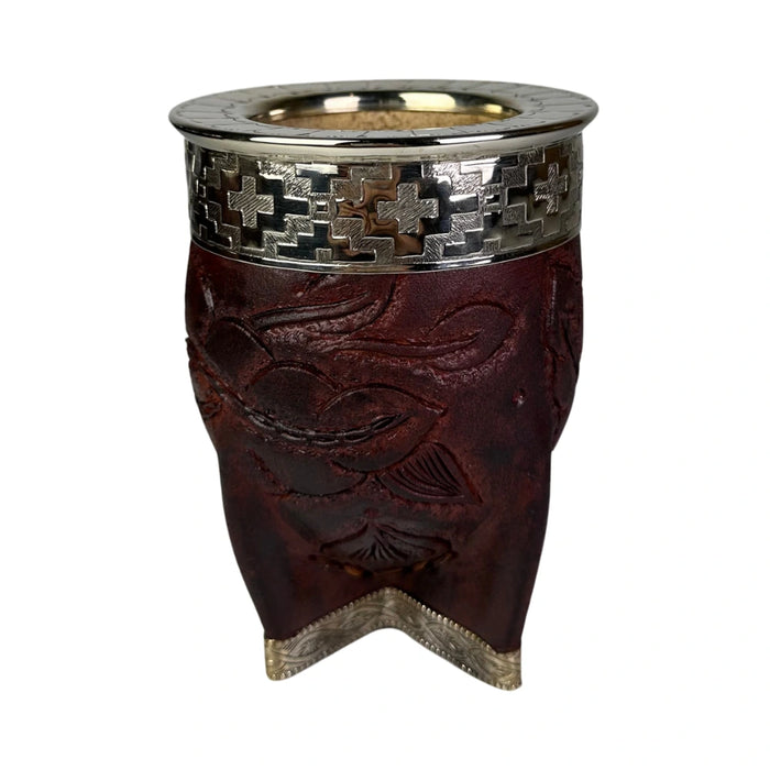 Mate Imperial Rey Borravino de Calabaza Cuero Labrado con Alpaca Con Bombilla