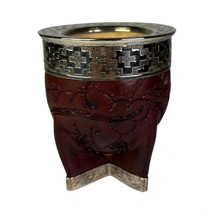 Mate Imperial Rey Borravino de Calabaza Cuero Labrado con Alpaca Con Bombilla