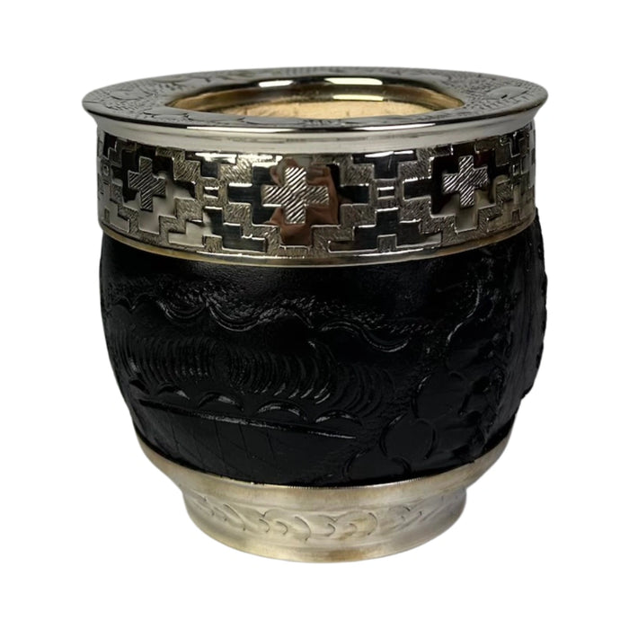 Mate Imperial Roma Con Cuero Labrado Base Y Virola De Alpaca Con Bombilla