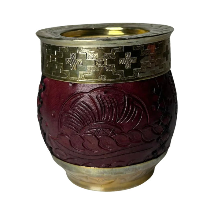 Mate Imperial Roma Con Cuero Labrado Base Y Virola De Alpaca Con Bombilla
