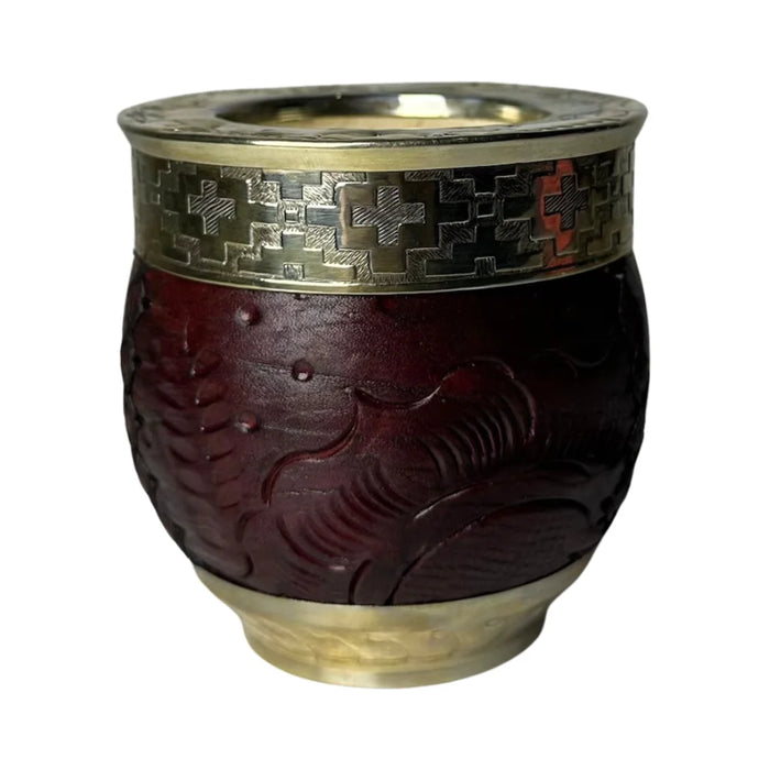 Mate Imperial Roma Con Cuero Labrado Base Y Virola De Alpaca Con Bombilla