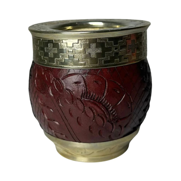 Mate Imperial Roma Con Cuero Labrado Base Y Virola De Alpaca Con Bombilla