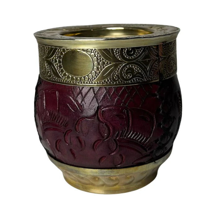 Mate Imperial Roma Con Cuero Labrado Base Y Virola De Alpaca Con Bombilla