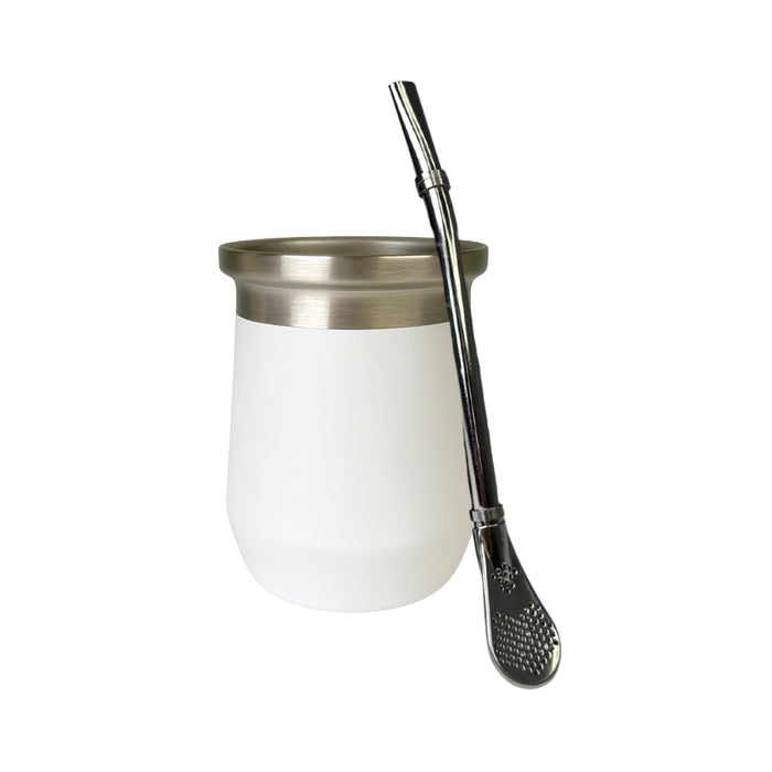 Mate Termico Acero Inoxidable 280 ML Blanco Con Bombilla