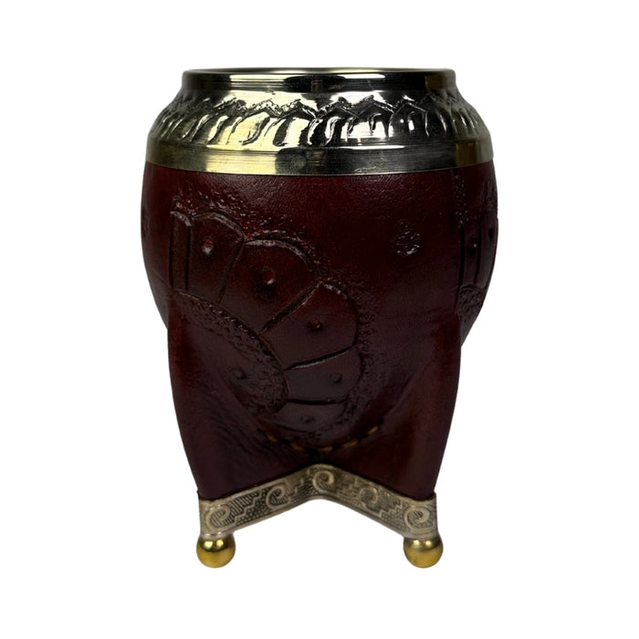 Mate Torpedo De Calabaza Cuero Labrado Con Virola Cincelada Base De Alpaca y Bronce