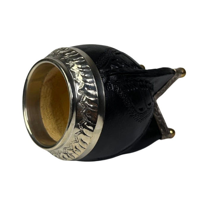 Mate Torpedo De Calabaza Cuero Labrado Con Virola Cincelada Base De Alpaca y Bronce