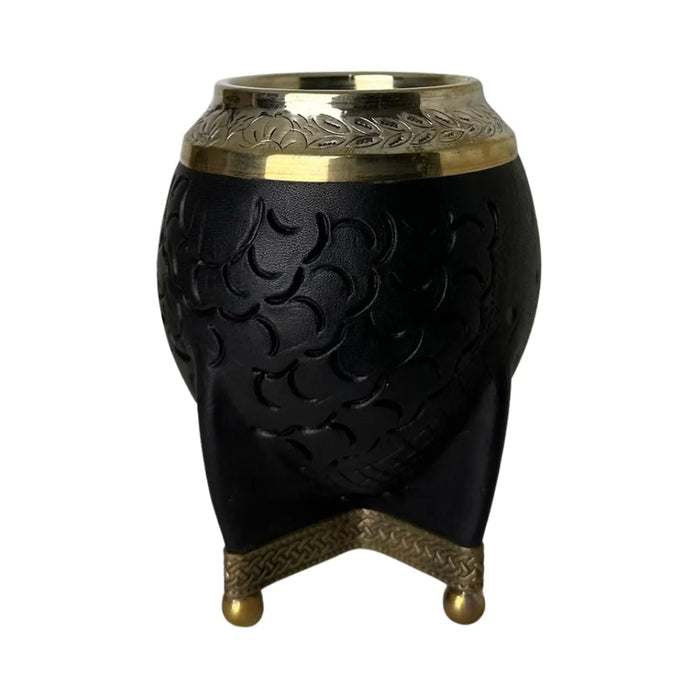 Mate Torpedo Negro de Calabaza con Virola Cincelada Con Bombilla