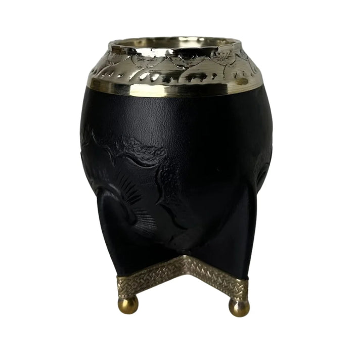 Mate Torpedo Negro de Calabaza con Virola Cincelada Con Bombilla