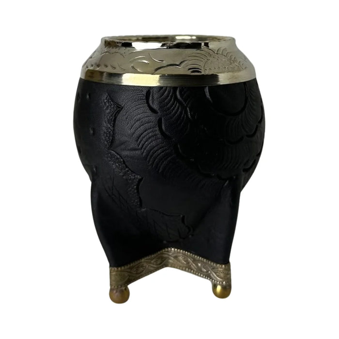Mate Torpedo Negro de Calabaza con Virola Cincelada Con Bombilla