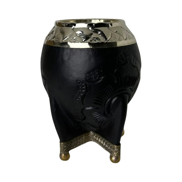Mate Torpedo Negro de Calabaza con Virola Cincelada Con Bombilla
