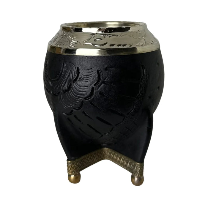 Mate Torpedo Negro de Calabaza con Virola Cincelada Con Bombilla
