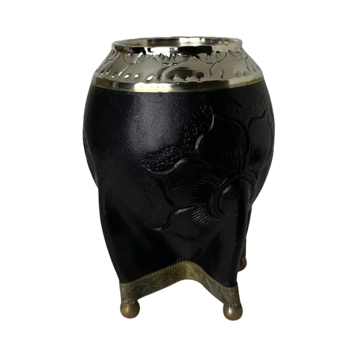 Mate Torpedo Negro de Calabaza con Virola Cincelada Con Bombilla
