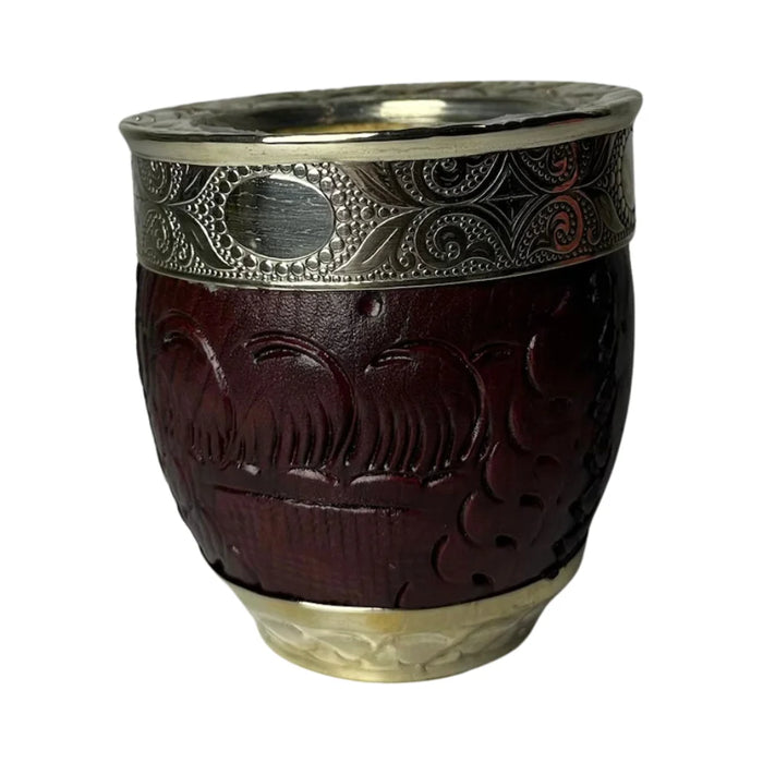 Mate Imperial Roma Con Cuero Labrado Base Y Virola De Alpaca Con Bombilla