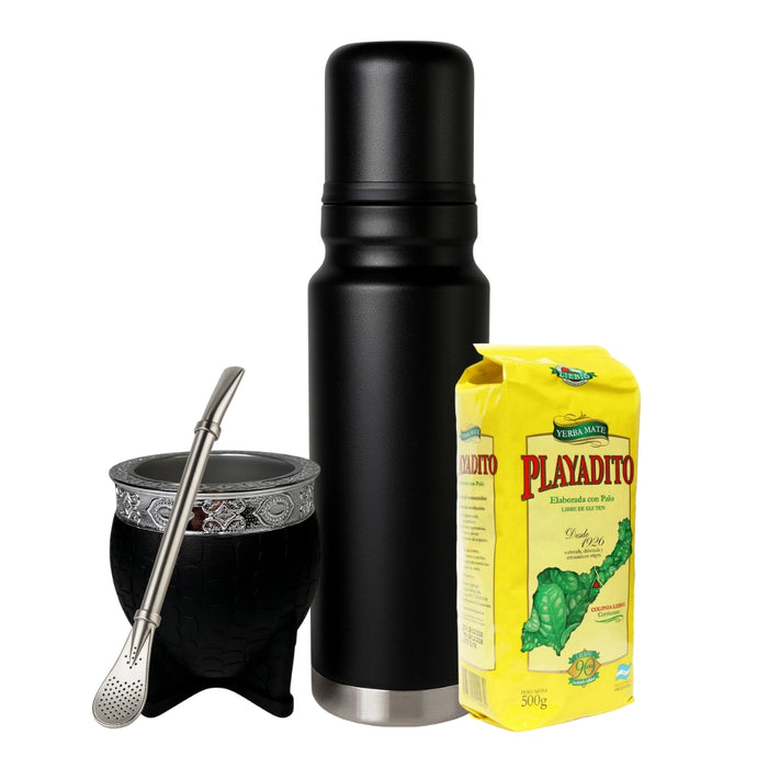 Set Matero Negro 1L Completo con Mate Acero Inoxidable