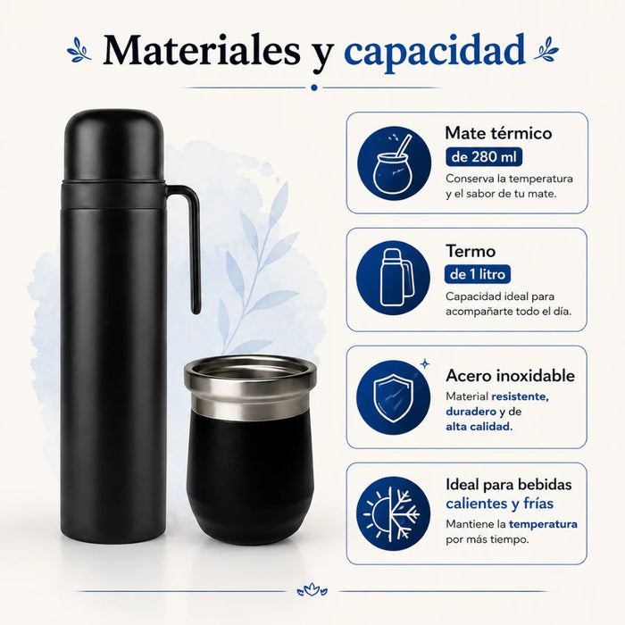 Set Matero con Termo Media Manija 1L Mate Clasico Bombilla Yerba y Stickers