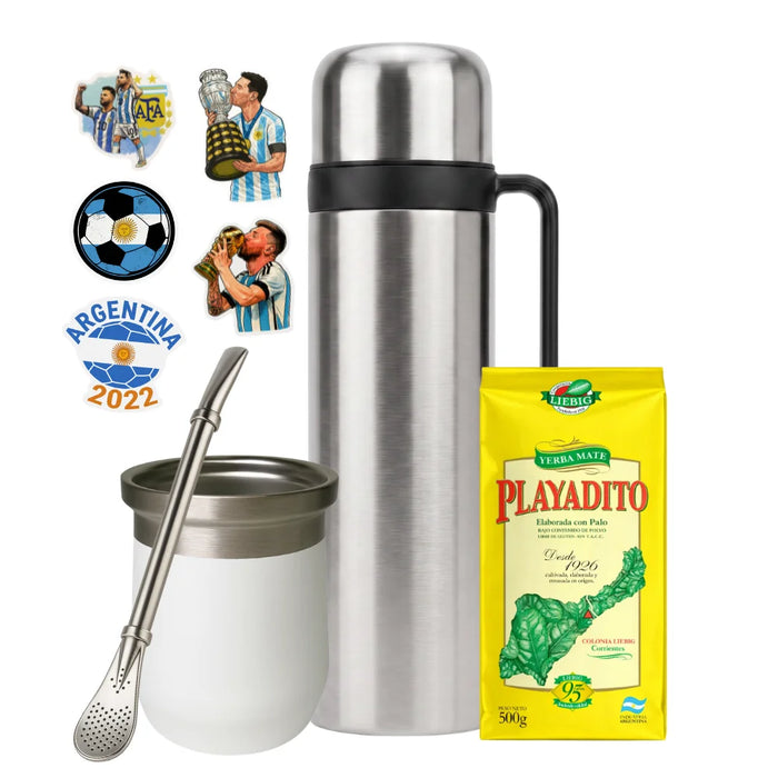 Set Matero con Termo Media Manija 1L Mate Clasico Bombilla Yerba y Stickers