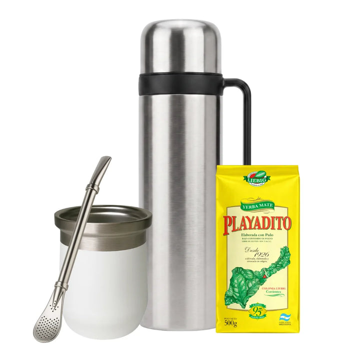 Set Matero con Termo Media Manija 1L Mate Clasico Bombilla Yerba y Stickers