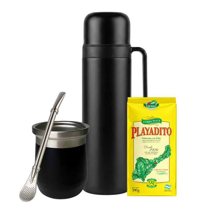Set Matero con Termo Media Manija 1L Mate Clasico Bombilla Yerba y Stickers