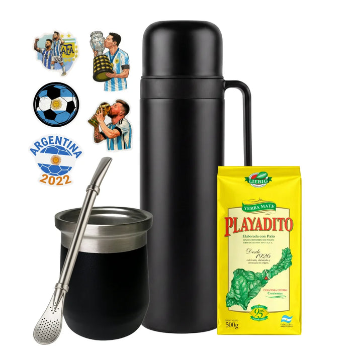 Set Matero con Termo Media Manija 1L Mate Clasico Bombilla Yerba y Stickers