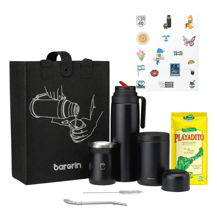 Set Matero con Termo Media Manija 1L Negro Mate Bombilla Yerba Yerbero y Stickers