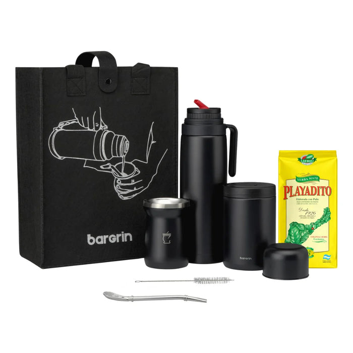 Set Matero con Termo Media Manija 1L Negro Mate Bombilla Yerba Yerbero y Stickers