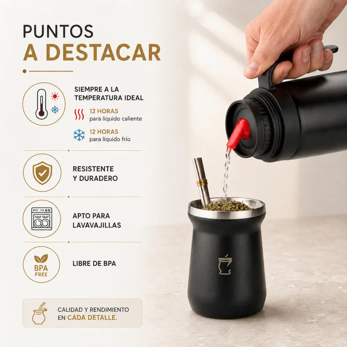 Set Matero con Termo Media Manija 1L Negro Mate Bombilla Yerba Yerbero y Stickers