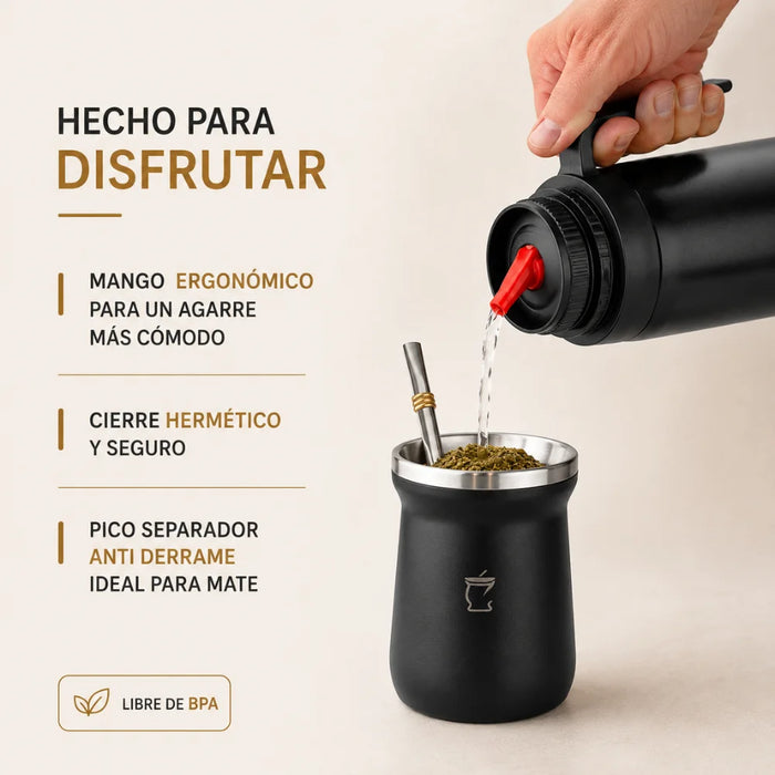 Set Matero con Termo Media Manija 1L Negro Mate Bombilla Yerba Yerbero y Stickers